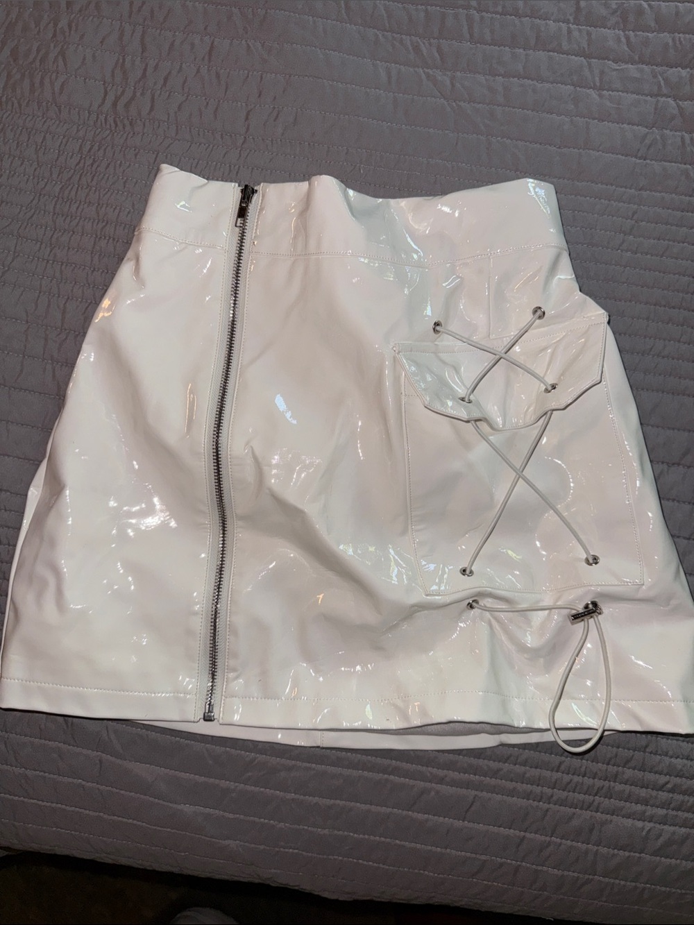 White Patent Front-Zip Mini Skirt with Lace-Up Pocket Detail